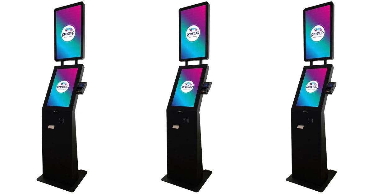 Prestop kiosk Eminent 24 inch with 27 inch top screen for digital signage