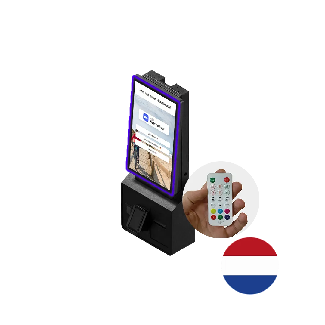 Wall-mounted kiosk for bike hire with a touchscreen and payment options