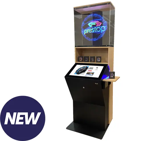 Revolutionizing retail: Prestop's innovative 24-Inch kiosk with RFID SiteKiosk and 3D hologram fan