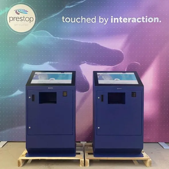 Colorful registration kiosks with printers and scanners